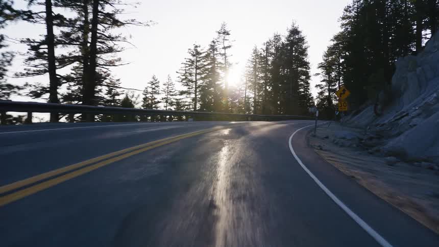 Scenic point-of-view drive along a winding mountain road surrounded by a pine forest with the sun flaring through the trees