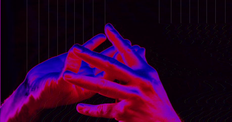 A pair of clasped hands rendered in vibrant red and blue hues with retro glitch art animation