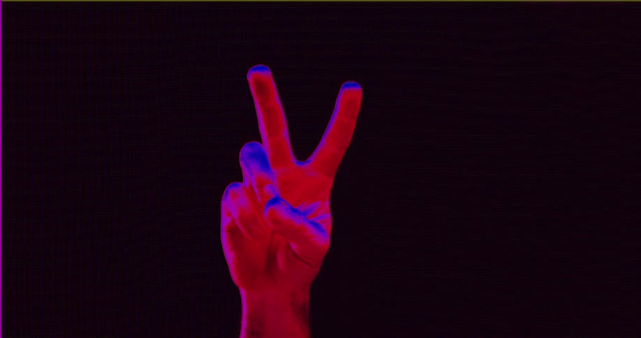 A hand in red and blue light emerges from the dark to make a peace sign with a retro glitchy aesthetic