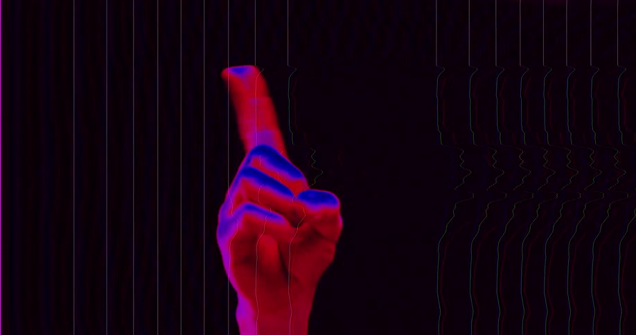 A hand lit in red and blue neon wags its index finger in disapproval with a retro digital glitch effect