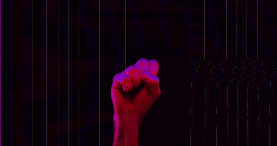 A stylized hand bathed in neon red and blue light slowly clenches into a fist with digital glitch effects