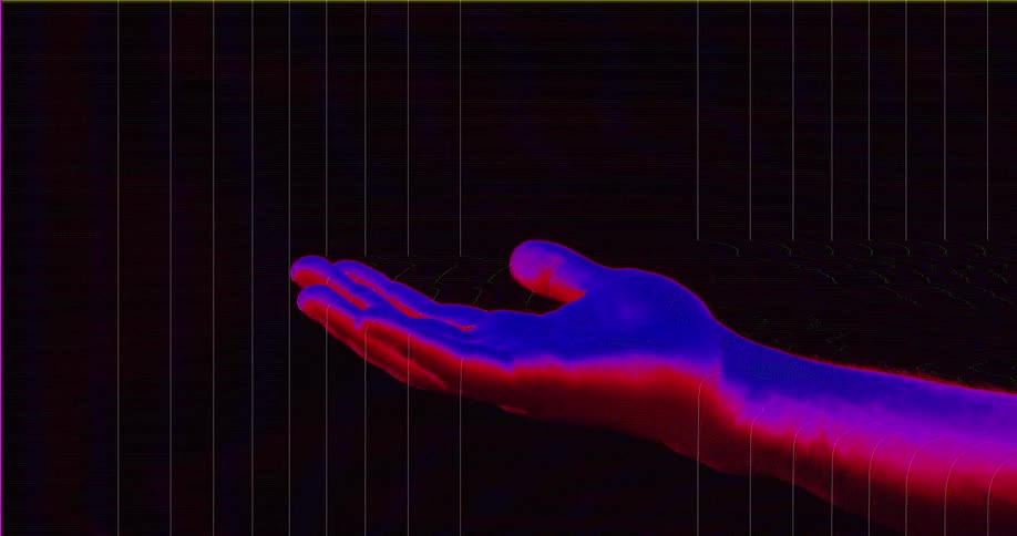 A neon-colored hand slowly opens from a fist into an open palm with glitchy digital distortion effects