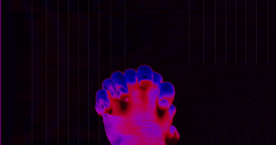 A human hand, visualized in surreal red and blue tones, slowly closes into a prayerful clasp against a dark, glitching background
