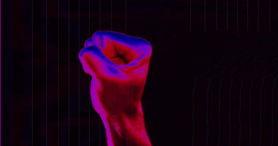A stylized red and blue clenched fist rotates against a dark background with digital glitch effects