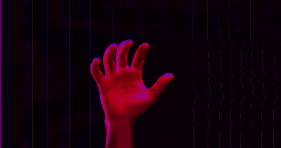 A stylized hand with glitch effects slowly opens from a fist against a dark background