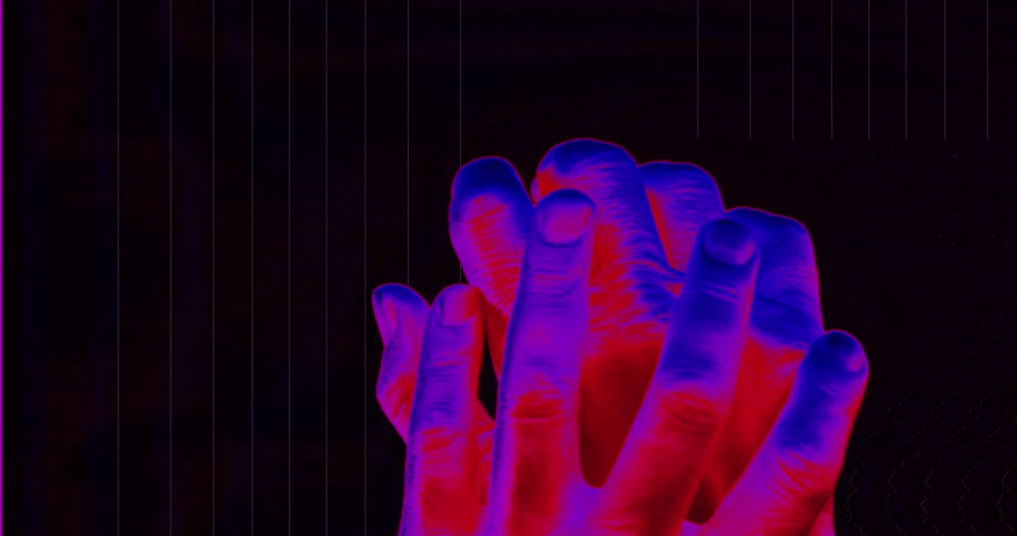 Trippy, abstract visual of two hands holding each other, rendered in vibrant red and blue with glitchy digital effects