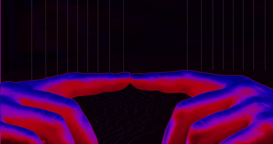 Stylized retro animation of two glowing red and blue hands with index fingers approaching over a distorted digital landscape