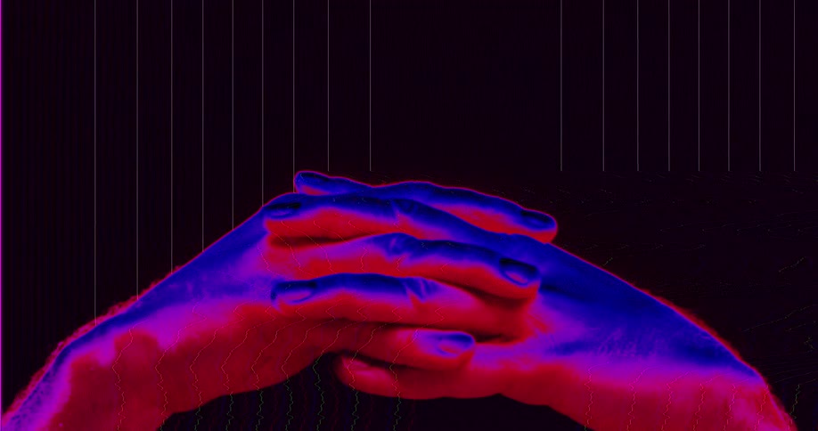 Abstract digital art of two hands clasped together with a vibrant, glitchy, and distorted effect