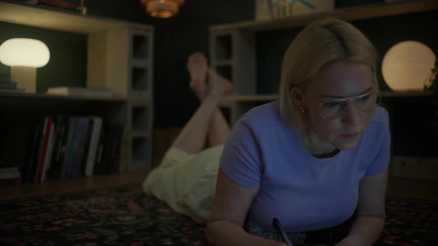 A woman wearing glasses concentrates as she writes in a notebook while lying barefoot on a rug in her cozy, dimly lit living room at night