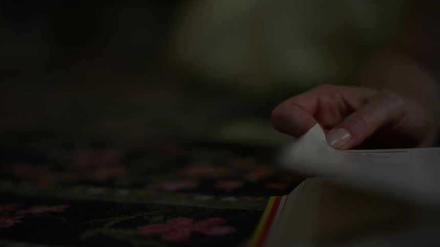 A woman's manicured hand carefully turns the glossy page of an art book in cinematic slow motion