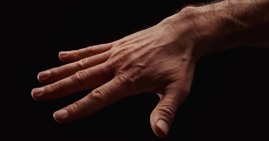 Close up of a man's hand opening and closing from a fist to a relaxed palm against a black background