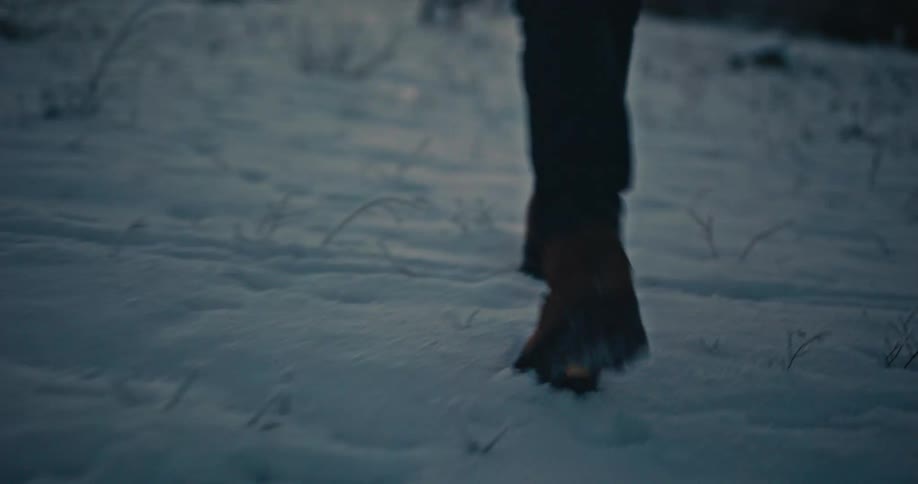 A photographer with a backpack walks through a snowy landscape at sunrise, holding a camera in a cinematic slow-motion shot