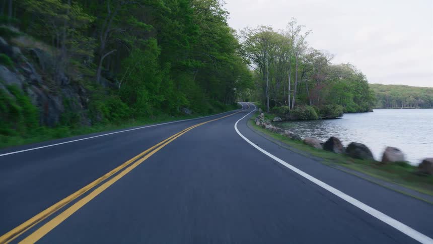 Driving along a scenic, curving road next to a calm lake and through a vibrant green forest
