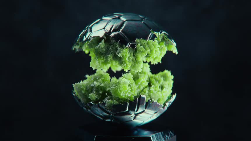 A mysterious metallic soccer ball sphere with a hexagonal pattern closes in slow motion, enclosing a vibrant green crystalline substance within