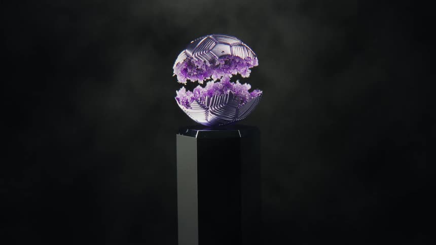 Mystical purple crystals magically form a levitating soccer ball trophy on a dark, smoky background