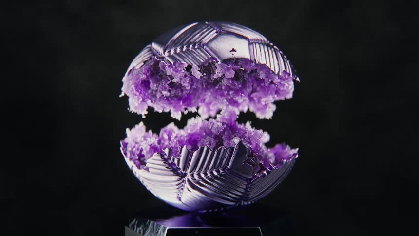 A futuristic metallic soccer ball with a purple crystalline core magically assembles itself against a dark background