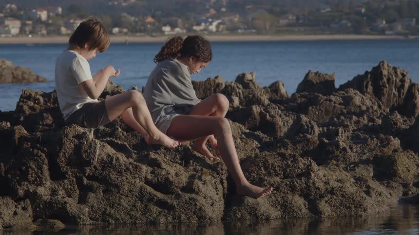 A young boy and girl sit on rocks by the sea, exploring and examining small marine creatures they found