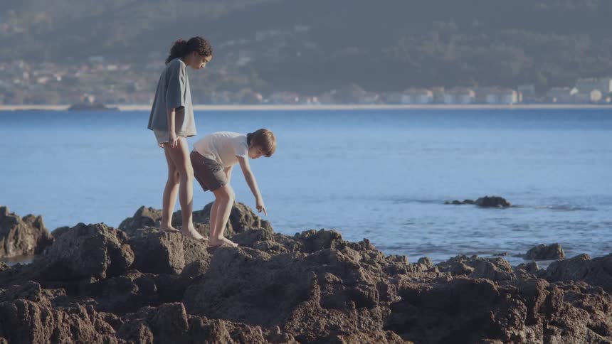 A young boy and girl explore the rocky shoreline together, looking for sea life in the tide pools