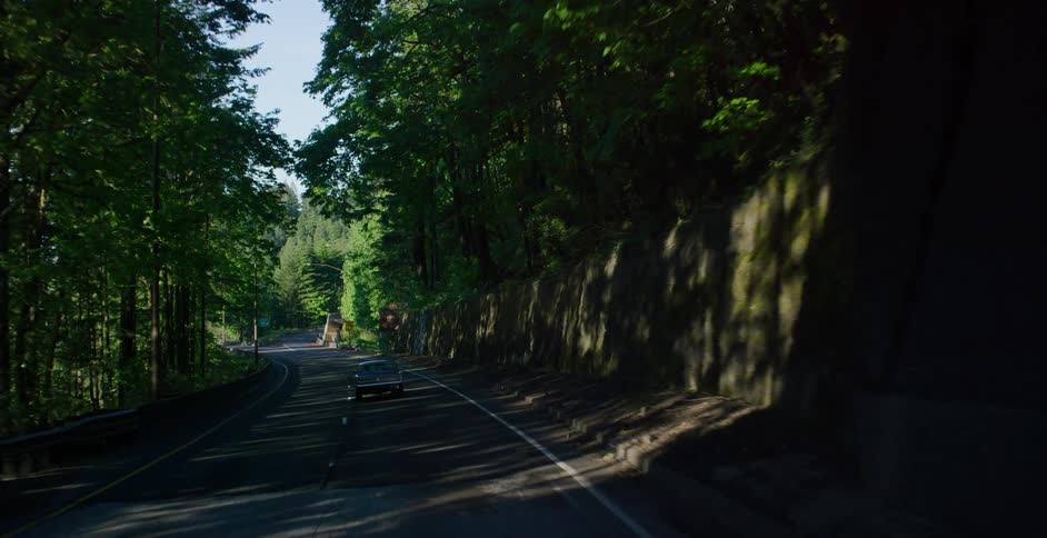 POV driving out of a dark tunnel into a bright, sunlit forest road, following a vintage car