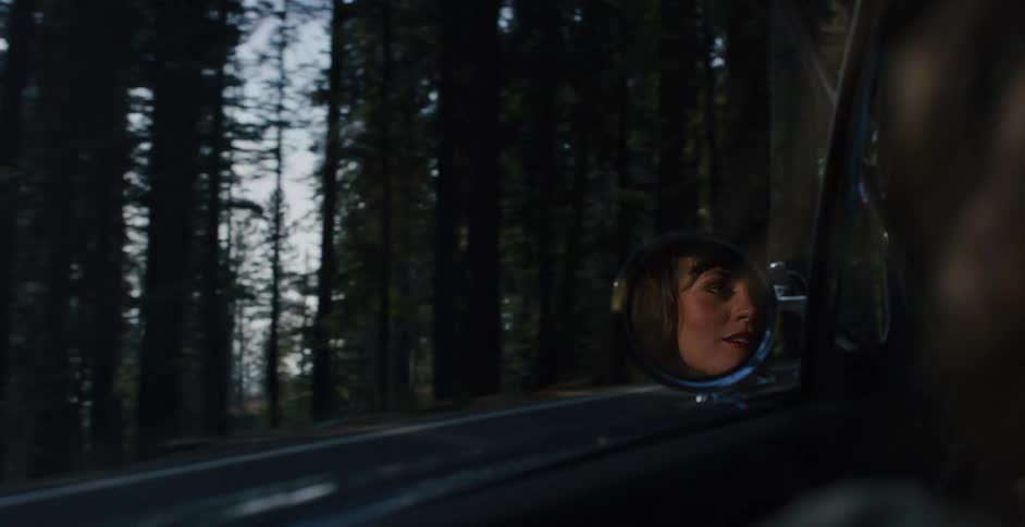 A woman's face is reflected in the side mirror of a moving car as it drives on a road through a dense forest