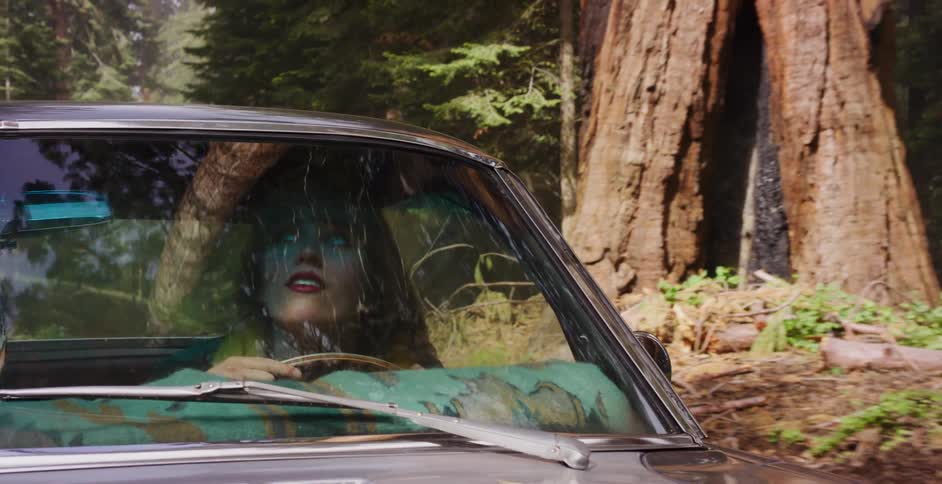 A woman drives a classic car through a sun-dappled redwood forest, viewed through the windshield
