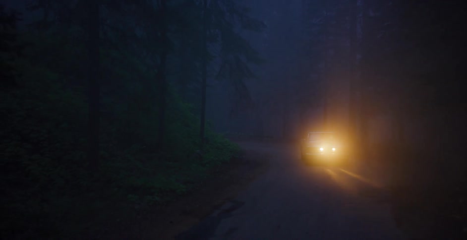 A car's bright headlights pierce the thick, mysterious fog on a dark road winding through a dense forest at night