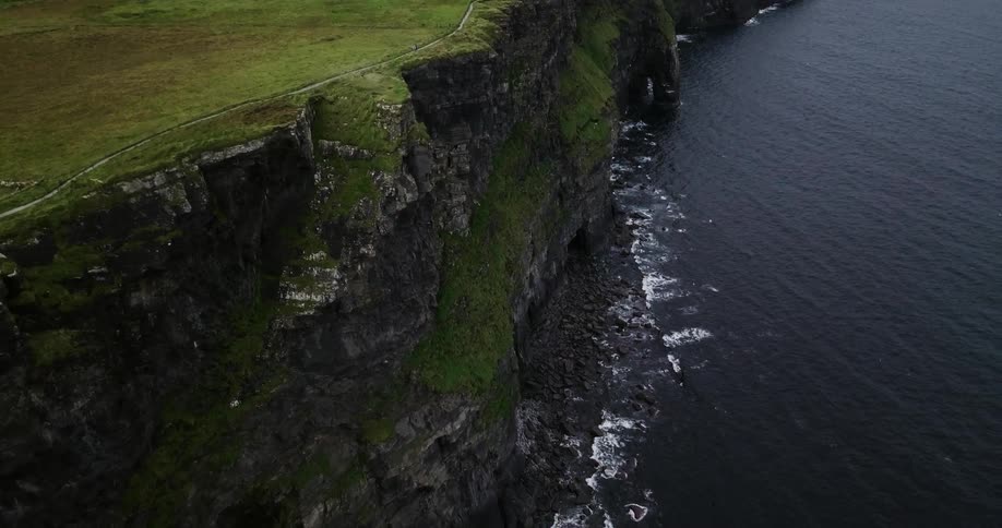 Ocean waves flow towards a rocky seaside cliff
