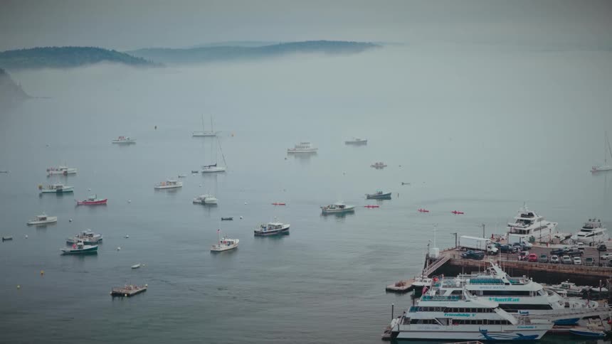 A serene view of a foggy harbor with numerous boats anchored in the calm water on an overcast day