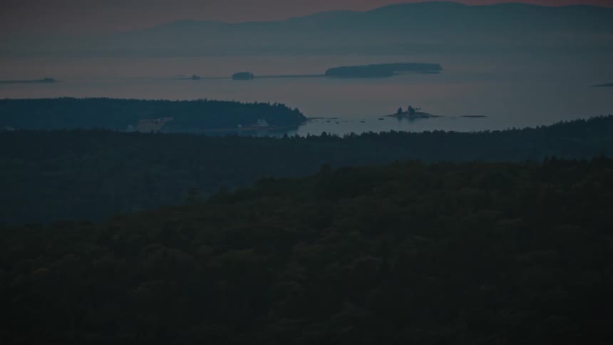 A tranquil view over a dark forest towards a misty bay with islands at dusk