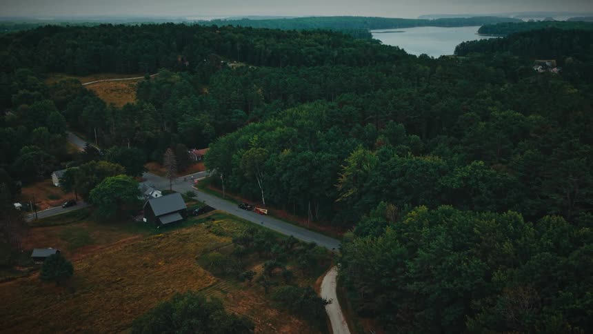 A static aerial view over a vast, dense green forest with rural homes and roads, revealing a large lake in the distance under an overcast sky