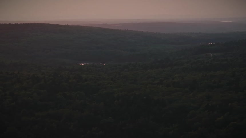 A serene, wide shot shows a vast forest landscape with rolling hills during a hazy, purple-hued sunset
