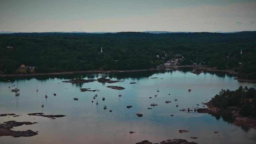 A slow pulling back aerial shot captures a tranquil harbor filled with moored boats, nestled beside a dense forest and a quaint coastal town
