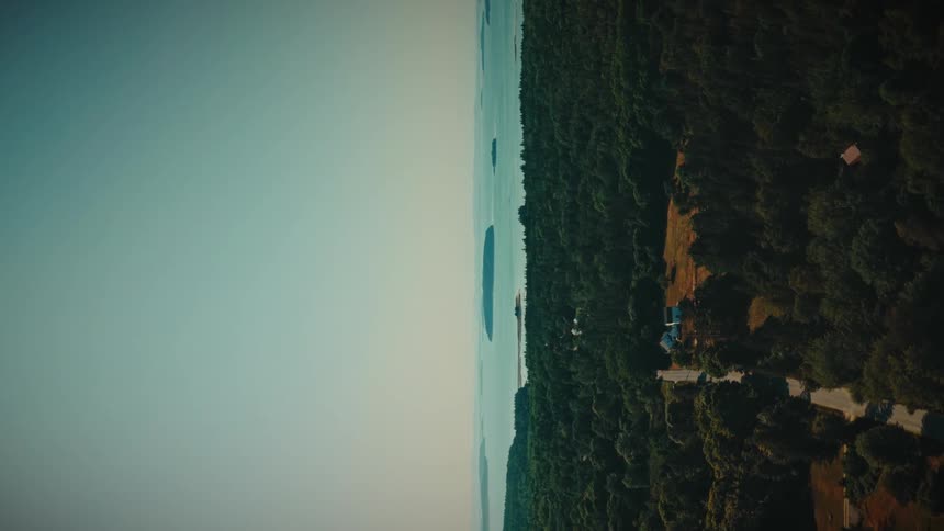 A disorienting upside-down vertical aerial view slowly rotates to reveal a stunning coastal landscape with lush green forests and calm blue waters