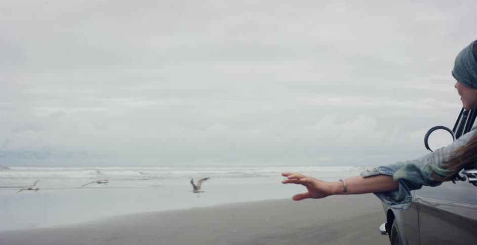 A woman reaches her hand out from a vintage car towards a flock of seagulls as she drives along the beach in slow motion