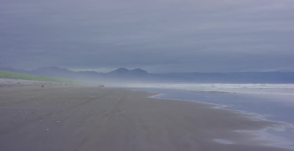 A desolate and misty beach stretches towards distant mountains under a cloudy, grey sky