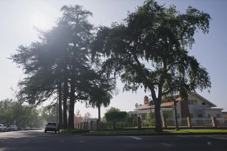 A quiet suburban street corner with a large house and tall trees on a bright, sunny day