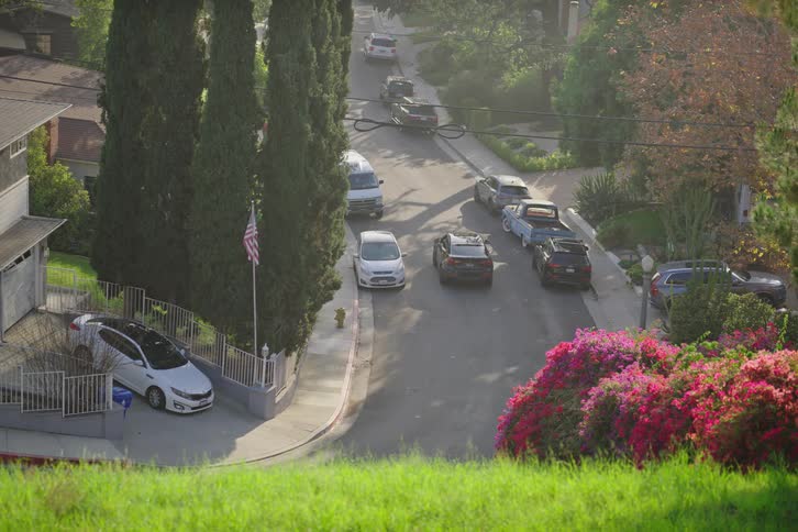 High angle view of cars driving on a quiet, winding road through a leafy suburban neighborhood