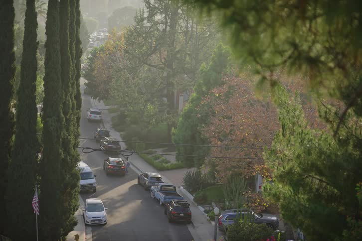 A high angle view of a quiet, tree-lined residential street on a hazy day as a person walks by and a car drives away