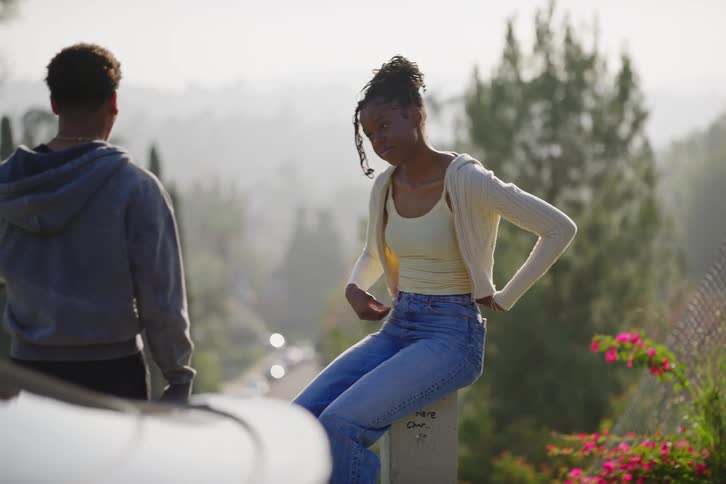 Pan from vibrant flowers reveals a young couple talking and laughing together at a scenic overlook on a hazy day