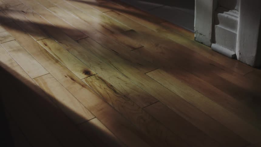 A time-lapse of sunlight and shadows moving across a hardwood floor inside a home