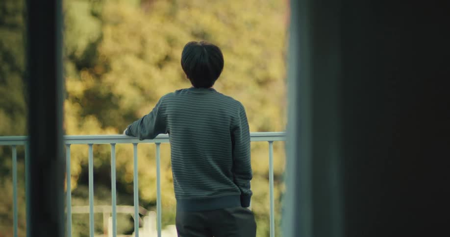 A man seen from behind leans on a balcony railing, thoughtfully looking out at the sunlit trees in autumn