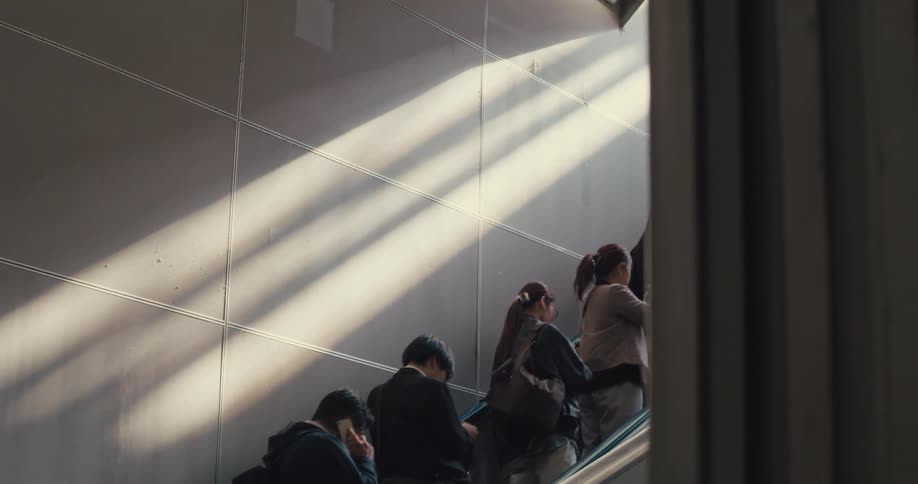 Sunlight streams through a high window, illuminating commuters as they ride an escalator upwards in a modern station