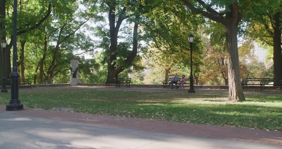 A couple enjoys a quiet conversation on a park bench, surrounded by lush green trees on a sunny afternoon
