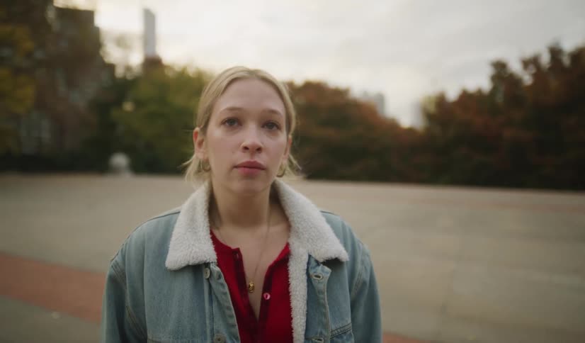 A young woman with a somber expression stands alone in an urban park on an overcast day before turning her head to look away