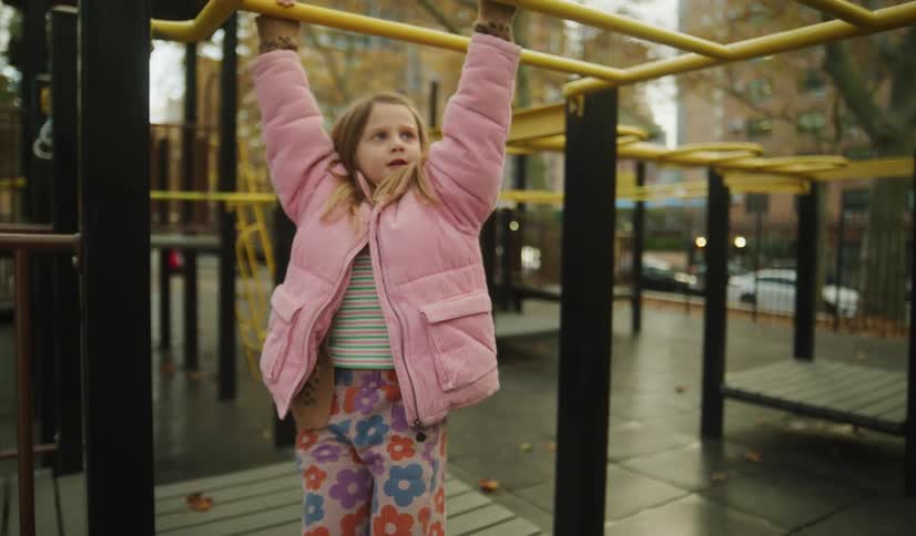 A joyful girl in a pink coat swings on the monkey bars and drops down, smiling at her sister at a city playground