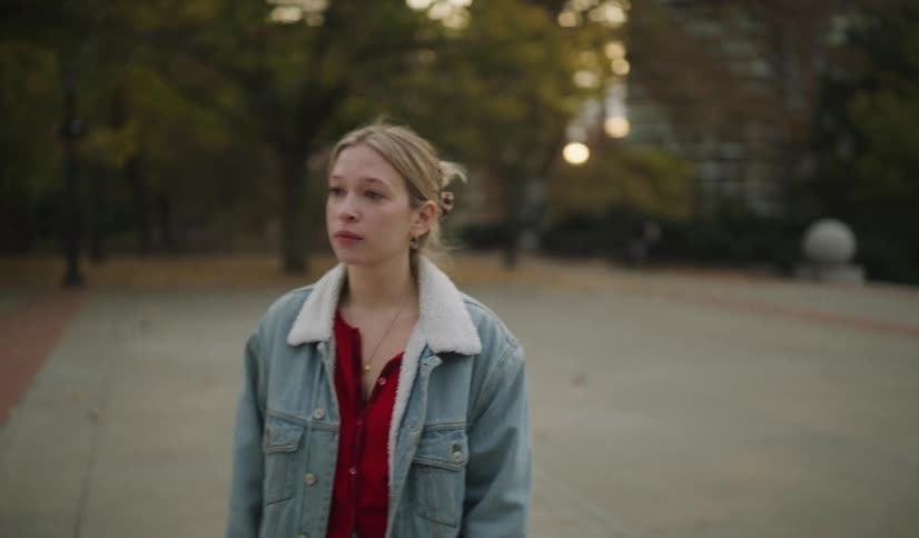 A young woman and a little girl walk hand in hand through an autumn park, before the woman turns and walks towards the camera with a pensive look