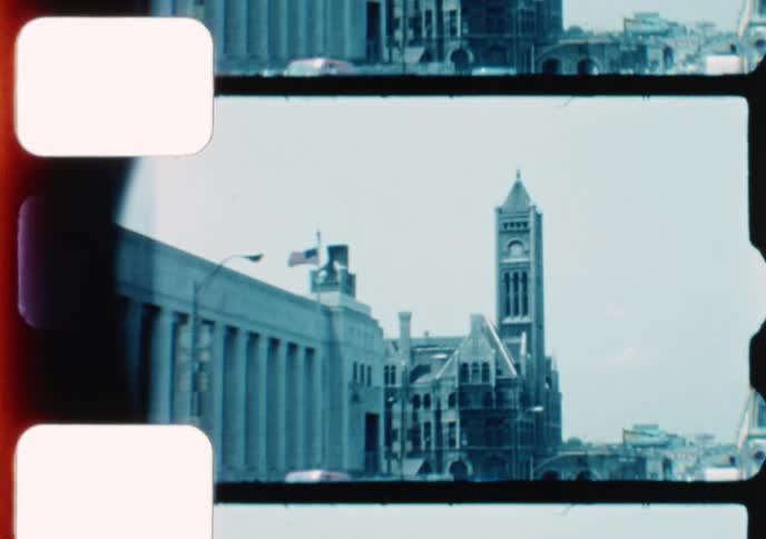Archival 16mm footage from the 1970s shows historic Union Station and the original Country Music Hall of Fame in Nashville, Tennessee