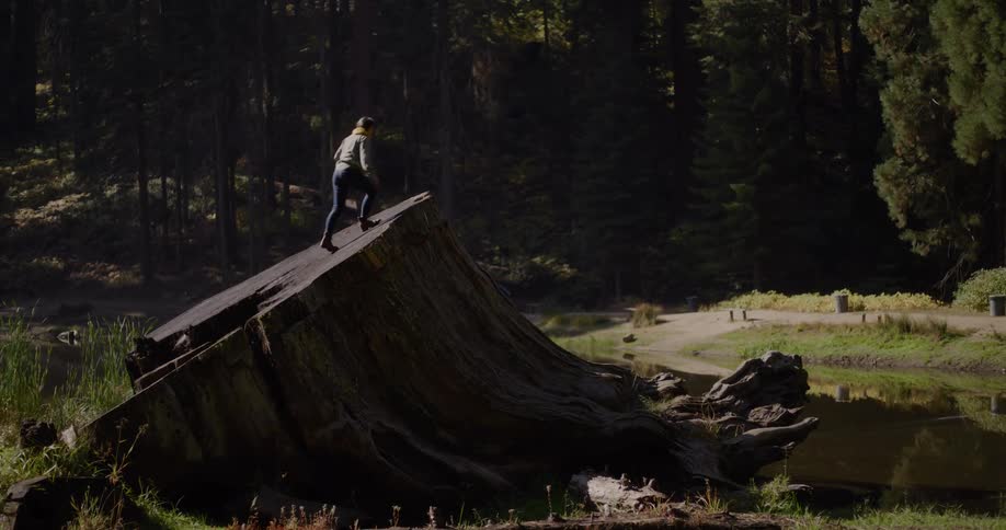 An adventurous woman conquers a massive fallen tree stump by a forest lake, celebrating her achievement with a victorious fist pump