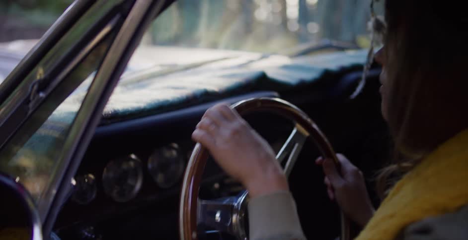 A slow-motion cinematic view from inside a classic car reveals a woman driving through a sun-dappled forest
