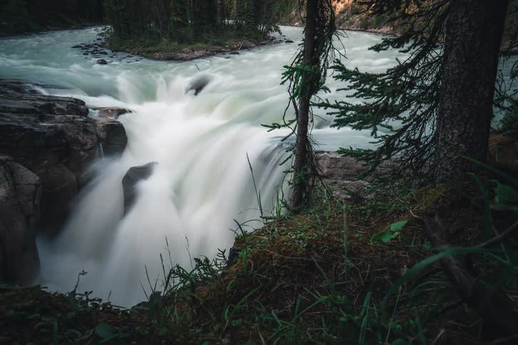 A long exposure time-lapse reveals the majestic Sunwapta Falls, with smooth water cascading through a pine forest surrounded by mountains